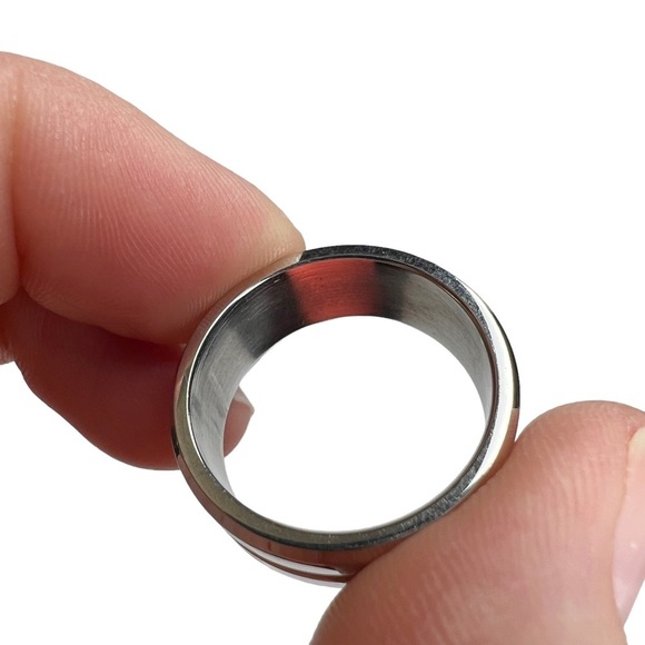 Silver Stainless Steel & Gold Tone Groove Wide Band Ring - Picture 6 of 10